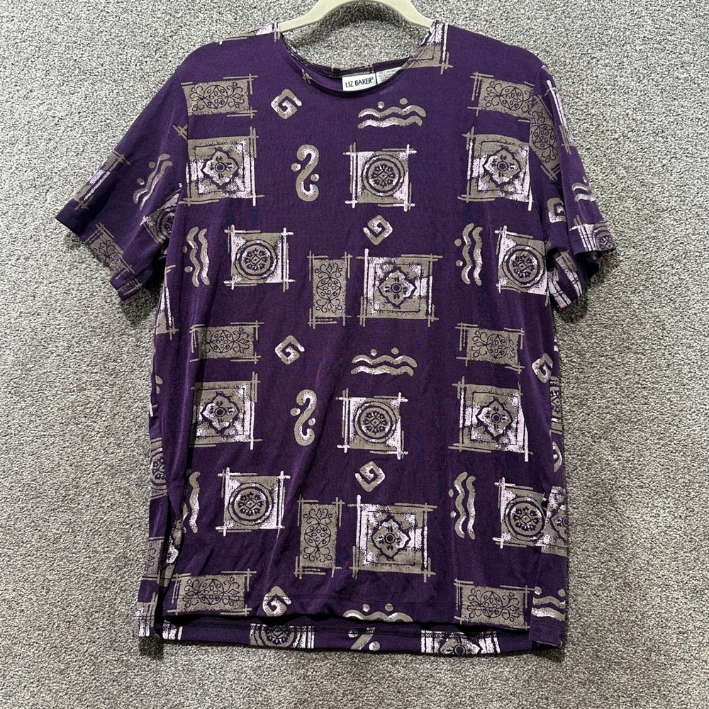 Liz Baker T-Shirt Top Womens Medium Purple Abstract Geometric Print Short Sleeve